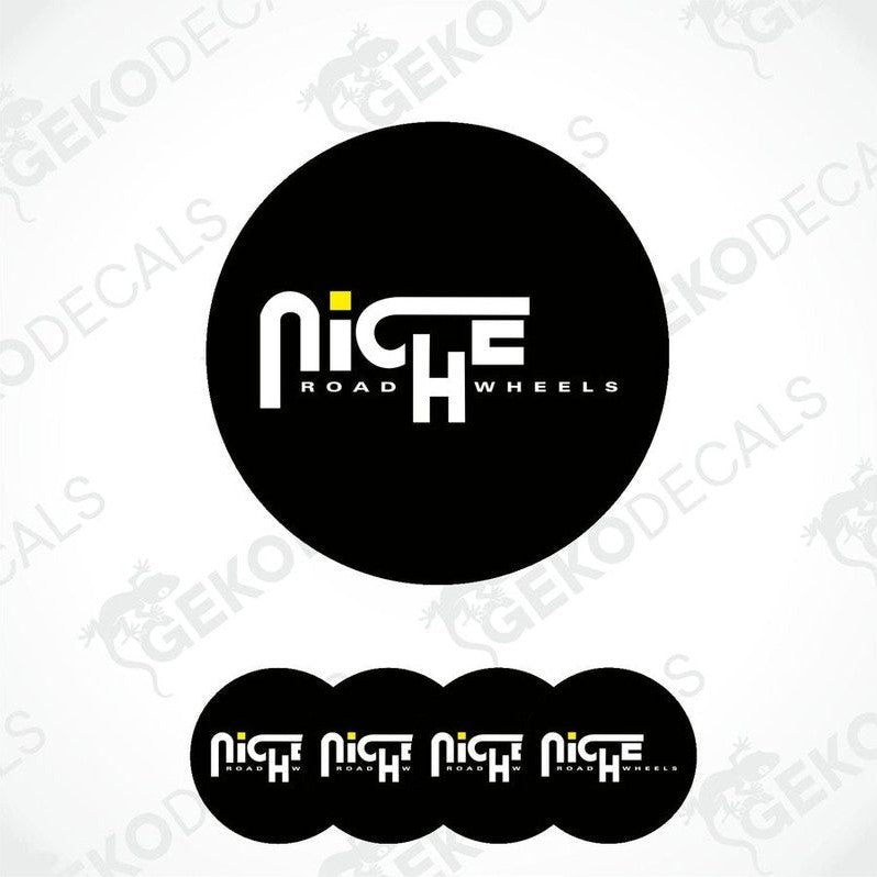 A set of black vinyl decals with the text 'NICHE ROAD WHEELS' on a white background, presented in a circular shape, suggesting they are designed to be affixed to a vehicle's wheel.