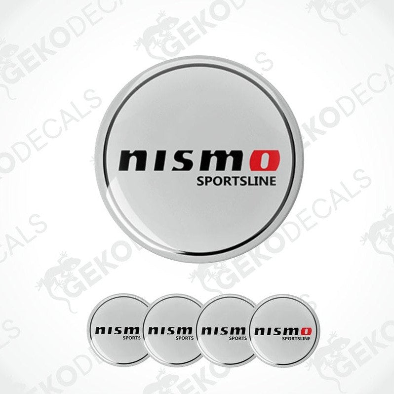 A set of four grey vinyl stickers with the 'NISMO SPORTSLINE' branding, presented on a clear background.