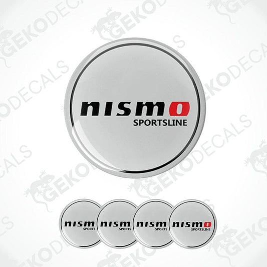 A set of four grey vinyl stickers with the 'NISMO SPORTSLINE' branding, presented on a clear background.