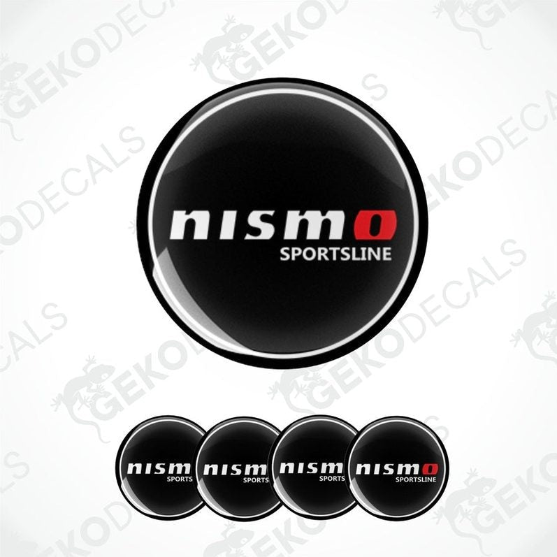 A set of four black vinyl stickers with the 'NISMO SPORTSLINE' logo in white and red text.