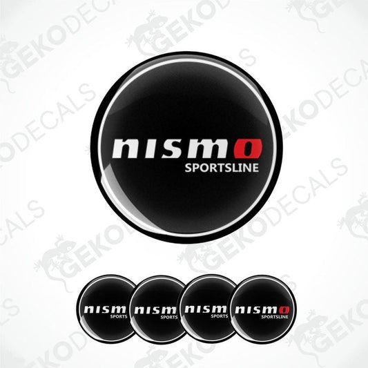 A set of four black vinyl stickers with the 'NISMO SPORTSLINE' logo in white and red text.