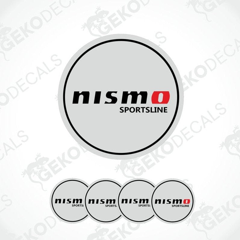 A set of four grey vinyl stickers with the 'NISMO SPORTSLINE' branding, presented on a clear background.
