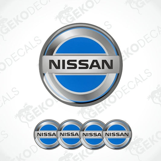 A set of four blue and silver NISSAN branded vinyl decals with a silver and black trim.