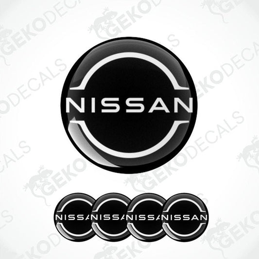 Set of five black vinyl decals with the NISSAN logo, four are round and one is rectangular.