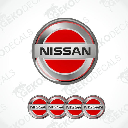 A set of four red vinyl stickers with the NISSAN brand logo on them.