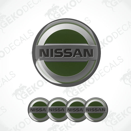 A set of vinyl decals with polyurethane coating, featuring the NISSAN logo in silver and green colors.