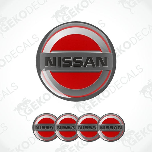 A set of four red, white, and gray NISSAN branded vinyl stickers with a dome shape and a polyurethane coating.
