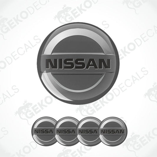 A set of four vinyl decals with polyurethane coating, featuring the NISSAN brand logo.