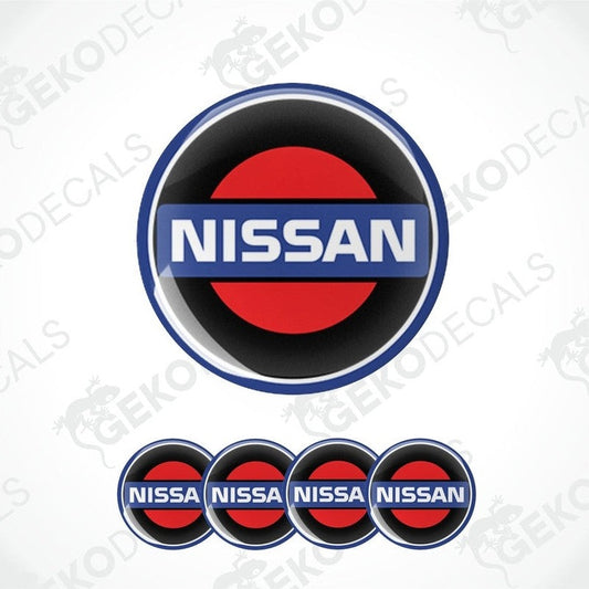 A set of four red, white, and black NISSAN branded vinyl stickers with a dome shape and a polyurethane coating.