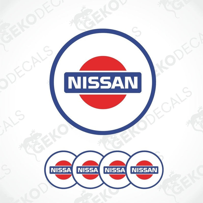 A set of four white vinyl stickers with the NISSAN brand logo in blue and red.
