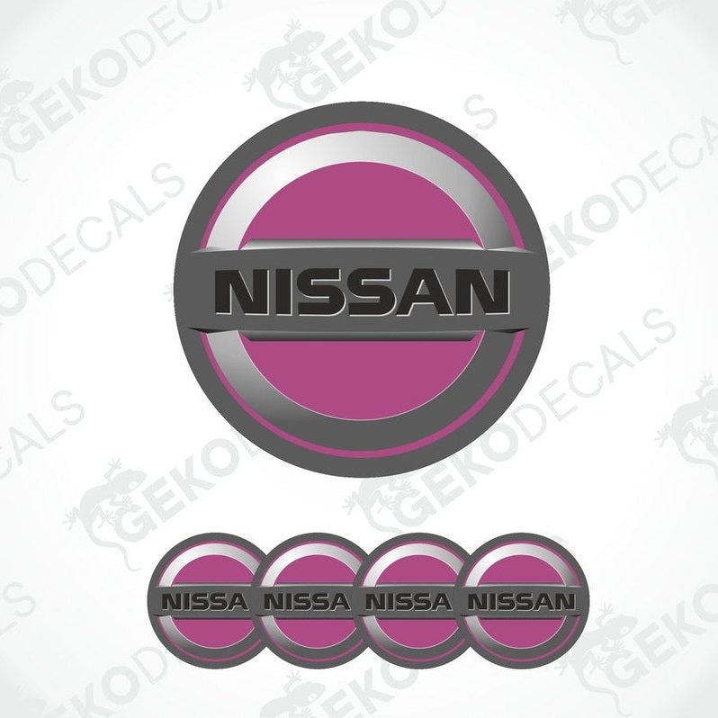 A set of vinyl decals with polyurethane coating, featuring the NISSAN logo in silver and pink colors.