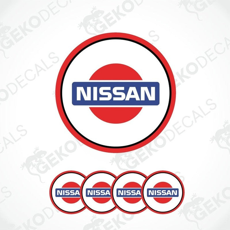 A set of four NISSAN branded vinyl stickers with a white background, red and blue design, and a polyurethane coating.