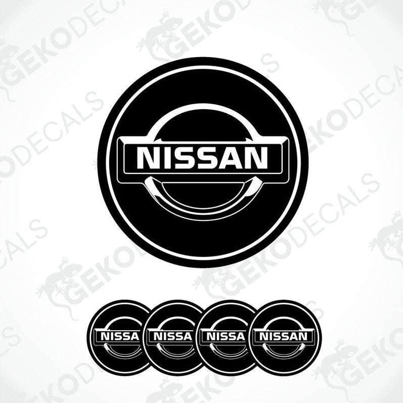 Set of five black vinyl decals with the NISSAN logo, four are round and one is rectangular.