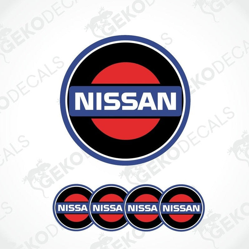 A set of four red, white, and black NISSAN branded vinyl stickers with a dome shape and a polyurethane coating.