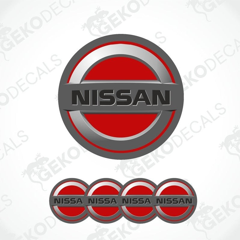 A set of four red, white, and gray NISSAN branded vinyl stickers with a dome shape and a polyurethane coating.