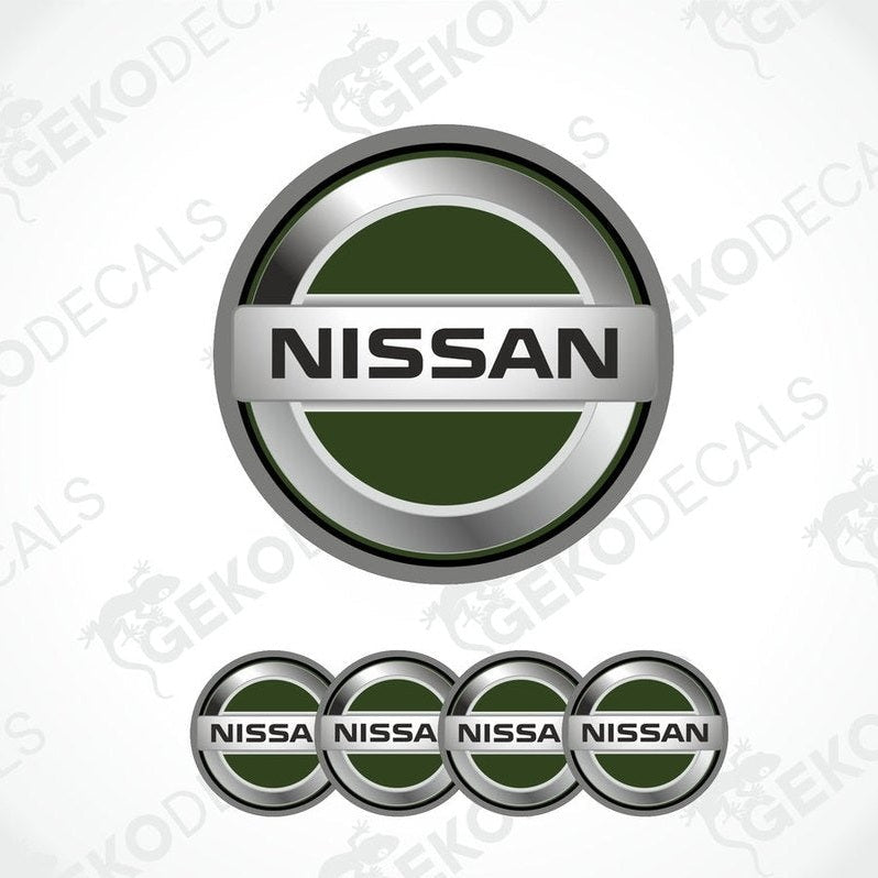 A set of four green and silver NISSAN branded vinyl decals with a silver and black trim.