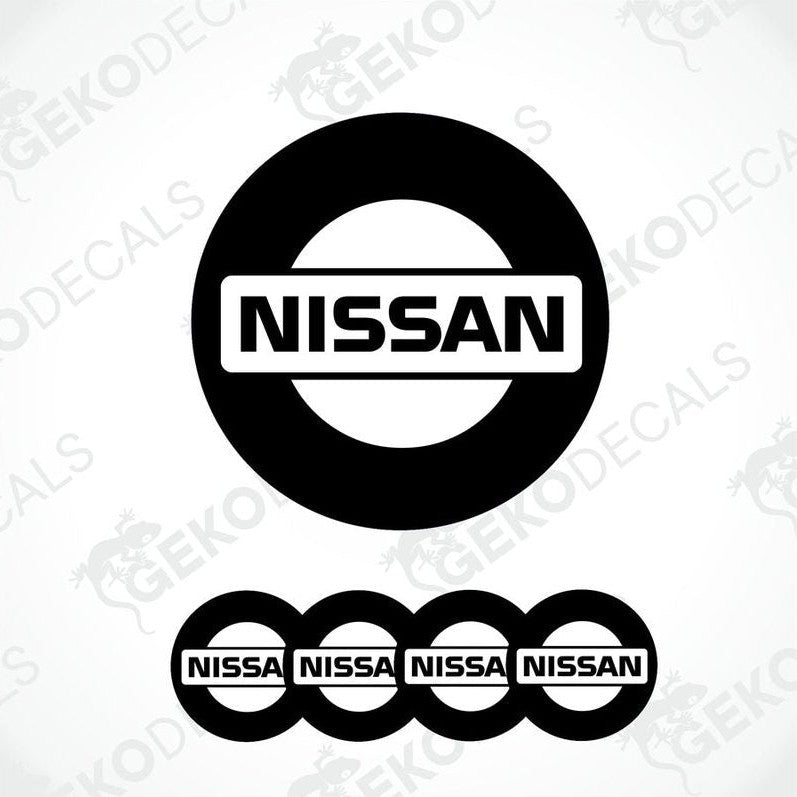 A set of four black, white NISSAN branded vinyl stickers with a polyurethane coating.