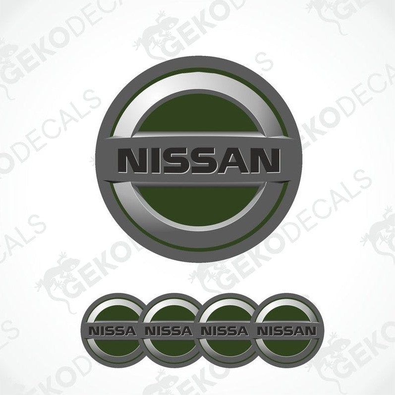 A set of vinyl decals with polyurethane coating, featuring the NISSAN logo in silver and green colors.