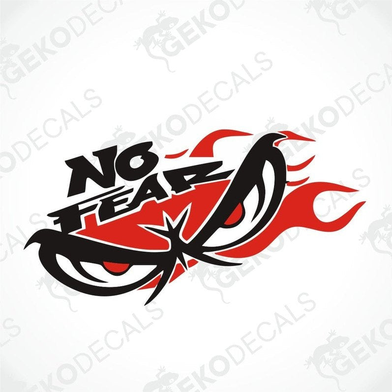 A black, red, and white car decal with the text 'NO FEAR' with angry eyes and a graphic design resembling flames or fire.