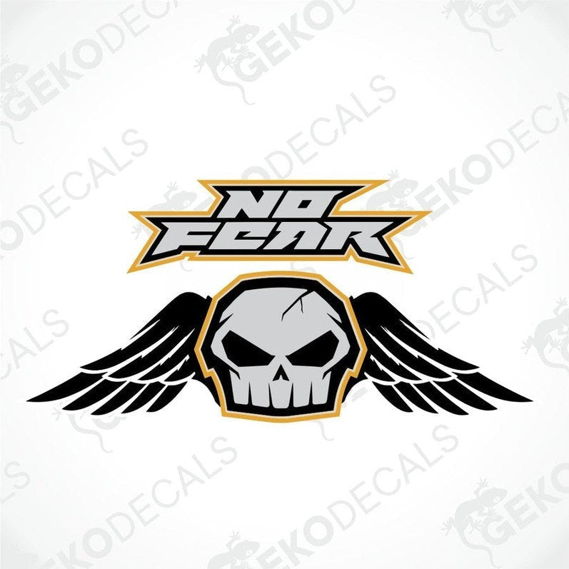 A car sticker design featuring a skull with wings and the text 'NO FEAR' in bold letters.