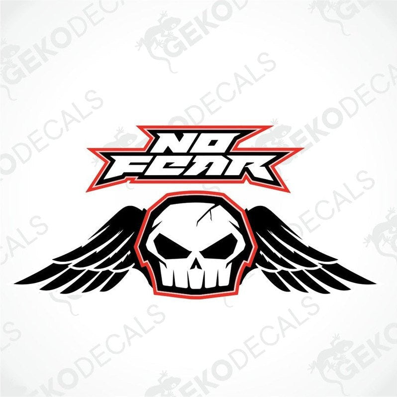 A black, red, white, and gray car decal with the text 'NO FEAR' and a graphic of a skull and wings.