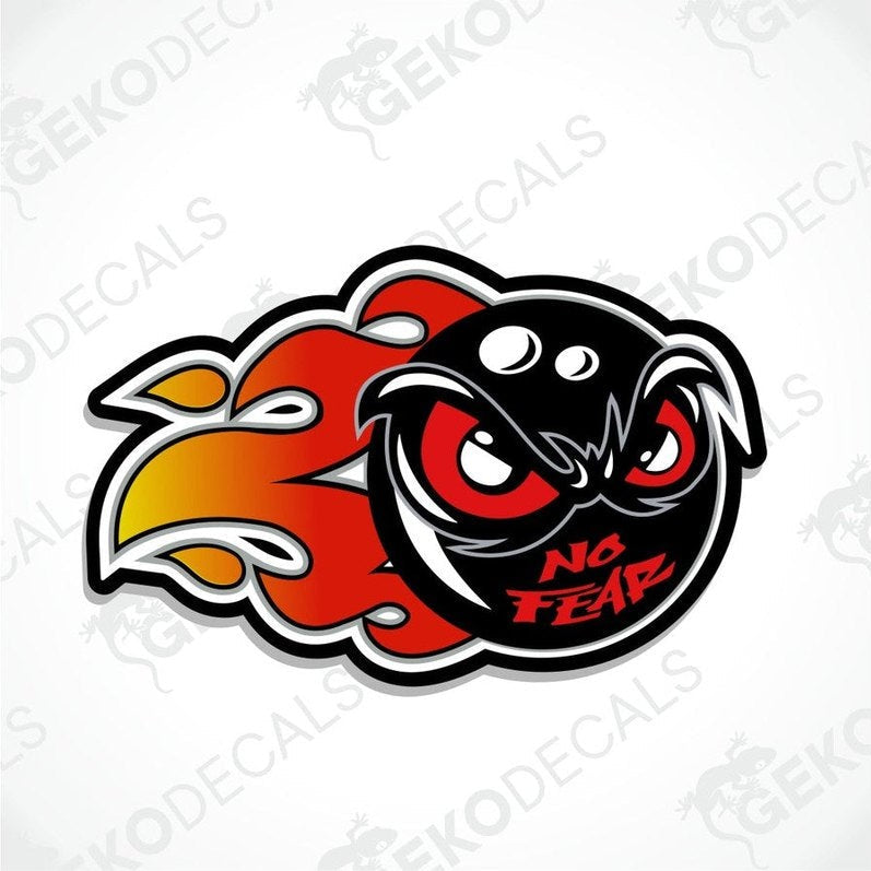 A car sticker with a graphic design of a black character with angry eyes, red and orange flames and the text 'NO FEAR'.