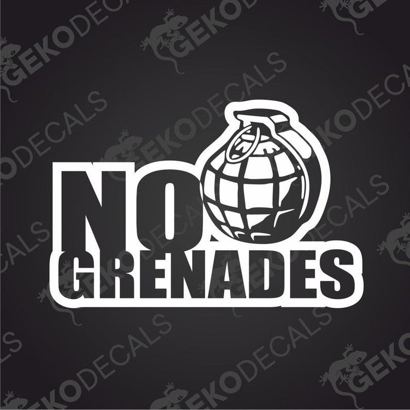 A image of a car decal with the text 'NO GRENADES' and a graphic of a grenade.