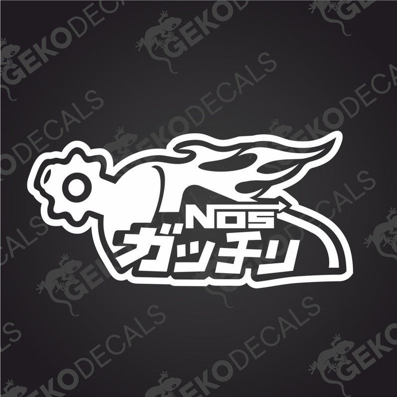 A decal with a white graphic of a stylized character or logo and the text 'NOS' in stylized font.