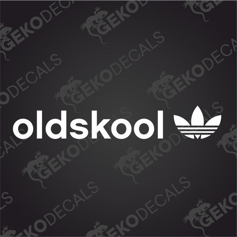 A black car sticker with the text 'oldskool' followed by a well-known sportswear brand logo in white.