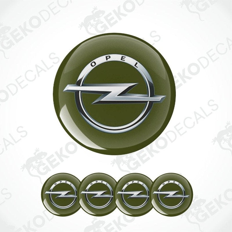 A set of four green vinyl stickers with a silver OPEL logo, designed for use as car decals.