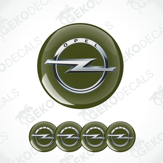 A set of four green vinyl stickers with a silver OPEL logo, designed for use as car decals.