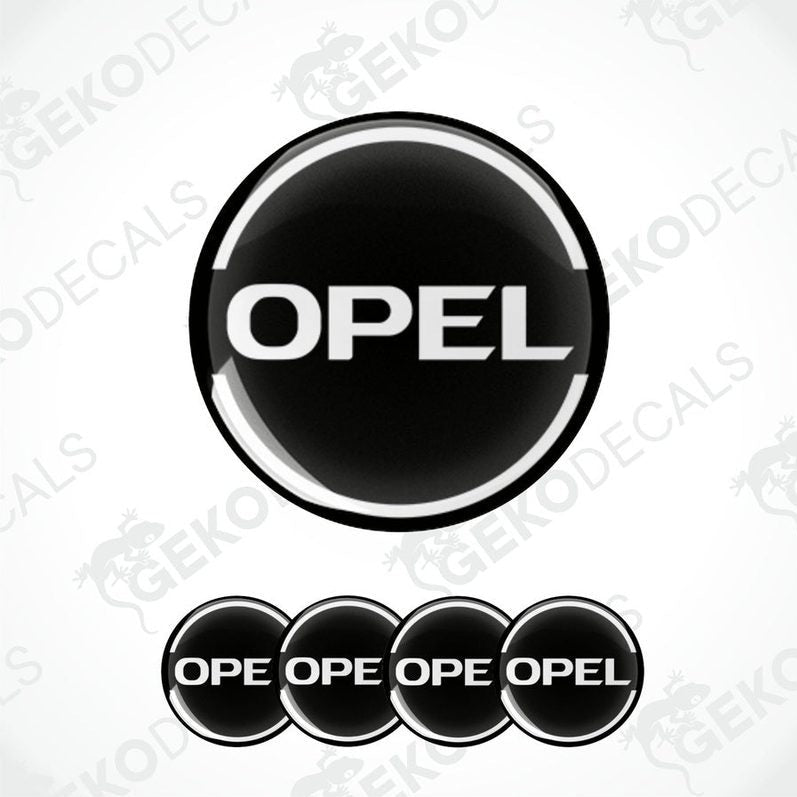A set of four black, white, and gray vinyl stickers with the OPEL brand logo.