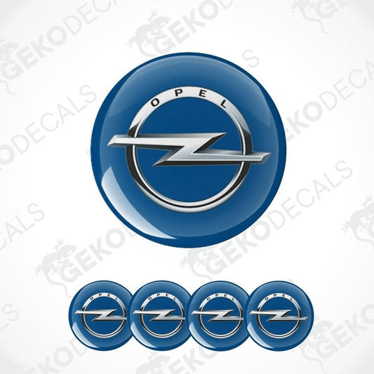 A set of four blue vinyl stickers with a silver OPEL logo, designed for use as car decals.