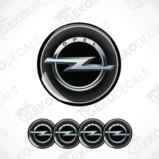 A set of four black vinyl stickers with a silver OPEL logo, designed for use as car decals.