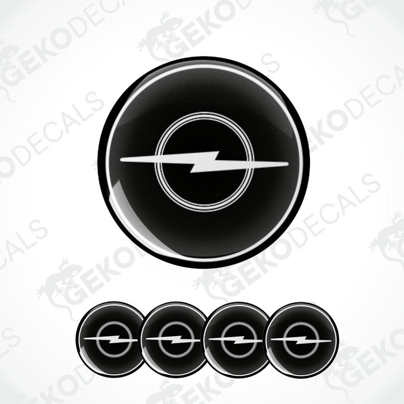 A set of four black vinyl decals with a white lightning bolt design, branded for Opel, displayed on a white background.
