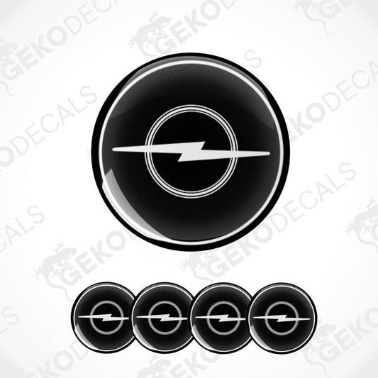 A set of four black vinyl decals with a white lightning bolt design, branded for Opel, displayed on a white background.