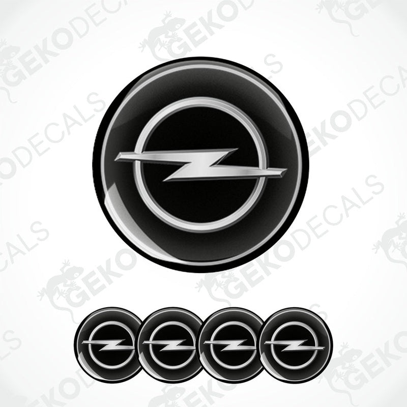 A set of black and silver OPEL brand vinyl decals with a epoxy coating.