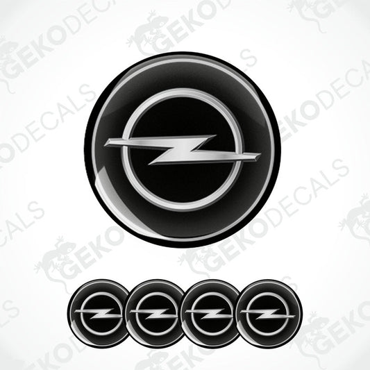 A set of black and silver OPEL brand vinyl decals with a epoxy coating.