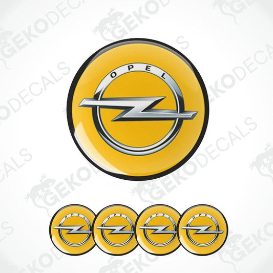 A set of four yellow vinyl stickers with a silver OPEL logo, designed for use as car decals.
