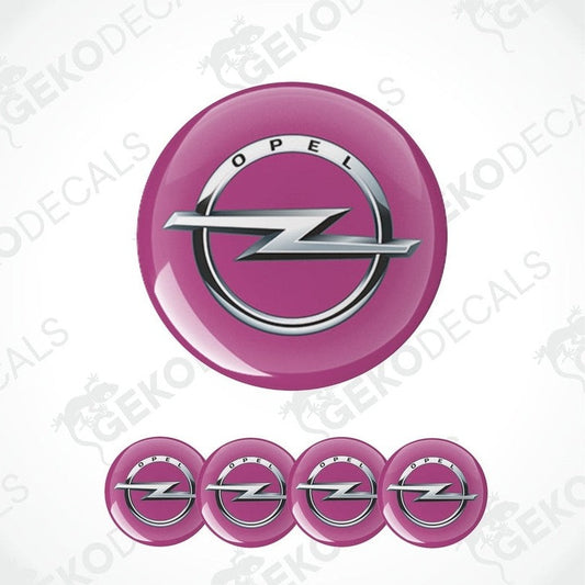 A set of four pink vinyl stickers with a silver OPEL logo, designed for use as car decals.