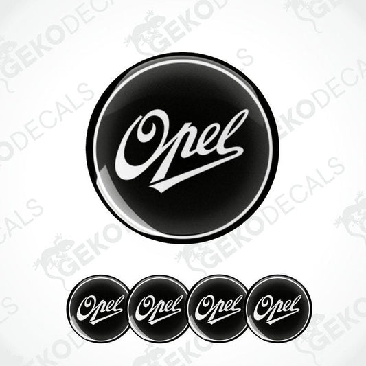 A set of four black and white vinyl stickers with the OPEL brand logo.