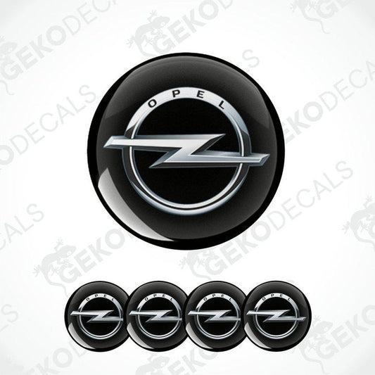 A set of four black vinyl stickers with a silver OPEL logo, designed for use as car decals.