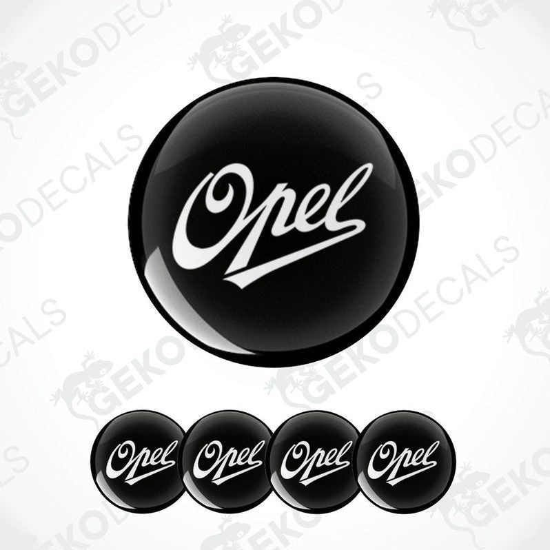 A set of four black vinyl stickers with the word 'OPEL' printed on them, arranged in a dome shape with a GeckoDecals logo at the bottom.