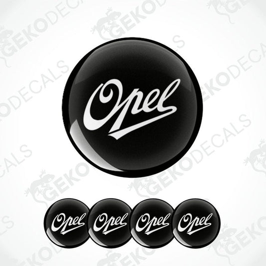 A set of four black vinyl stickers with the word 'OPEL' printed on them, arranged in a dome shape with a GeckoDecals logo at the bottom.