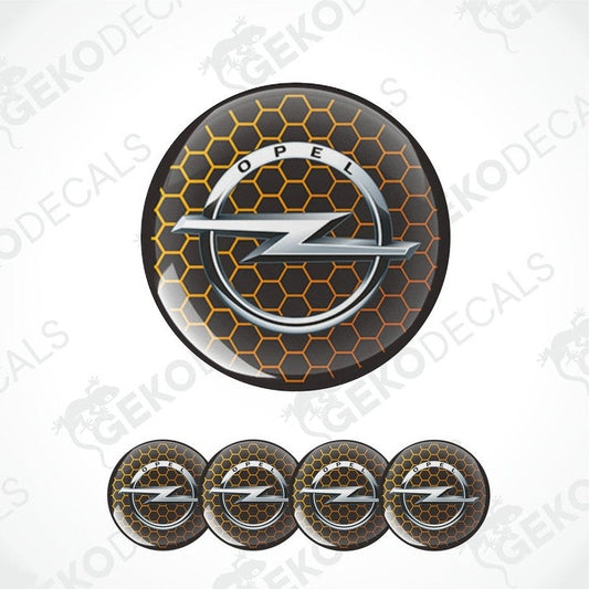 A set of four orange and silver OPEL branded vinyl stickers for car decals, displayed with a honeycomb pattern design.