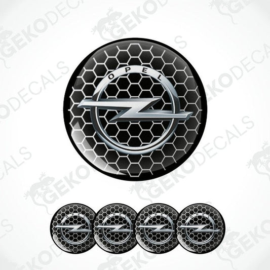A set of four white and silver OPEL branded vinyl stickers for car decals, displayed with a honeycomb pattern design.