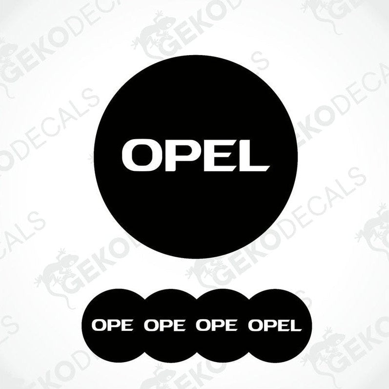 A set of four black, white, and gray vinyl stickers with the OPEL brand logo.