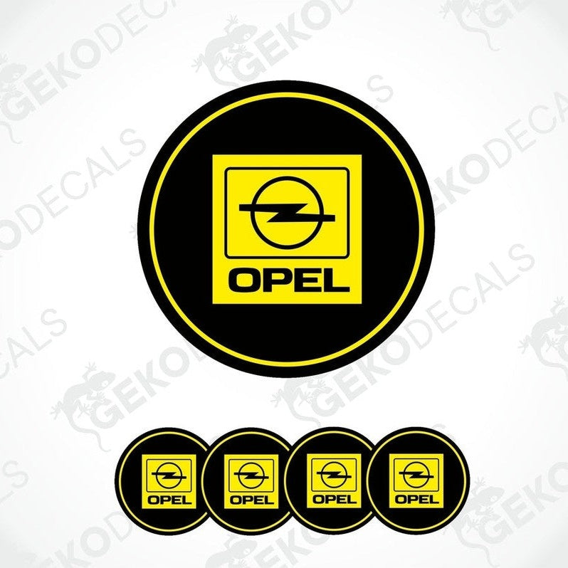 A set of four circular vinyl stickers with a yellow, black, and white color scheme, featuring the Opel brand logo.