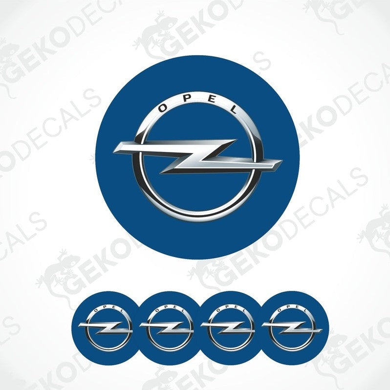 A set of four blue vinyl stickers with a silver OPEL logo, designed for use as car decals.