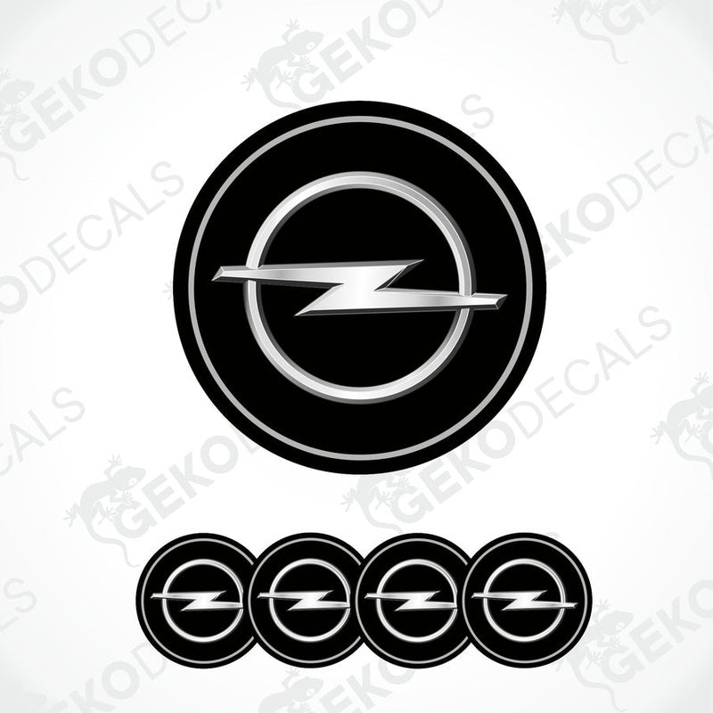 A set of black and silver OPEL brand vinyl decals with a polyurethane coating, including one larger decal and four smaller ones arranged in a row.